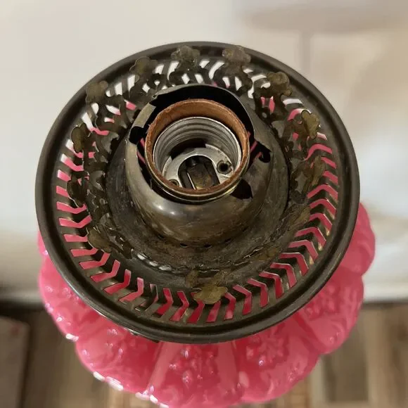 Antique Victorian Pink Cranberry Milk Glass Oil Lantern Electric Parlor Lamp - Picture 7 of 14